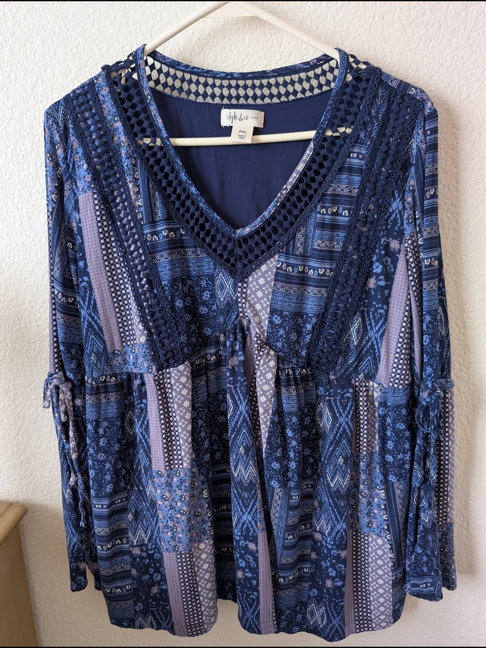 Style & Co. Navy and Light Blue Patchwork V-Neck Blouse with Crochet Trim